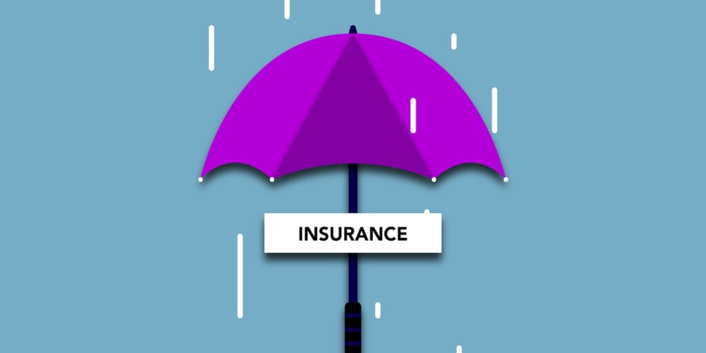 title insurance, property rights, Decorative cardboard illustration of signboard with Insurance title under umbrella in rain on blue background